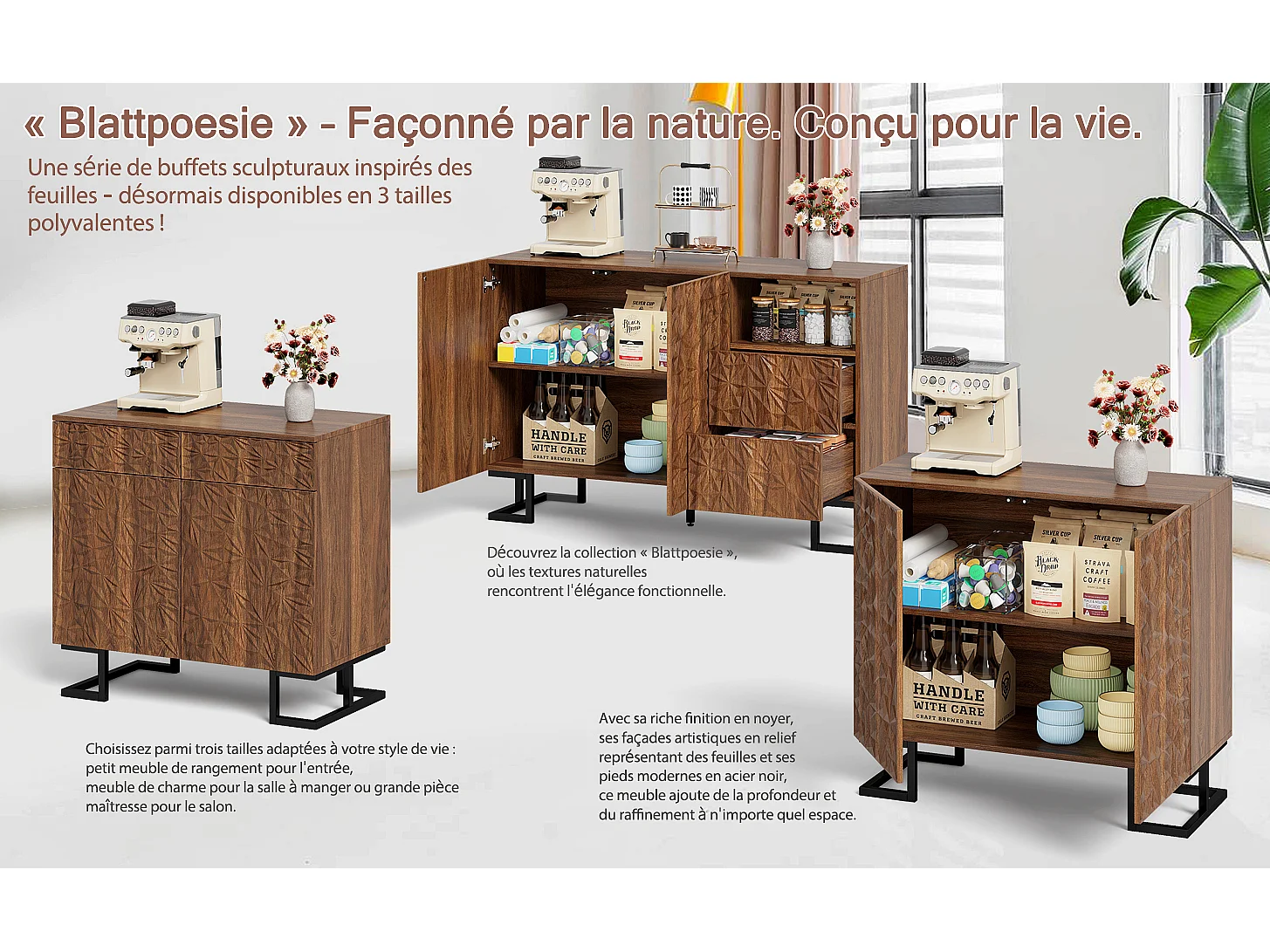 Buffet 80×40×78 cm série en noyer foncé avec relief feuilles, portes Push-to-Open et pieds en métal – Design moderne pour salon et couloir