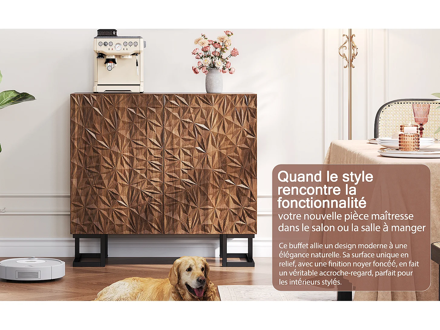 Buffet 80×40×78 cm série en noyer foncé avec relief feuilles, portes Push-to-Open et pieds en métal – Design moderne pour salon et couloir