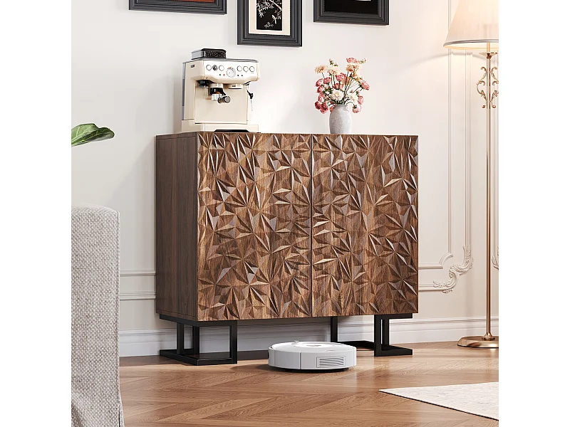 Sideboard 80×40×78 cm serie in donker notenhout met bladreliëf, Push-to-Open deuren en metalen poten – Modern design voor woonkamer en hal