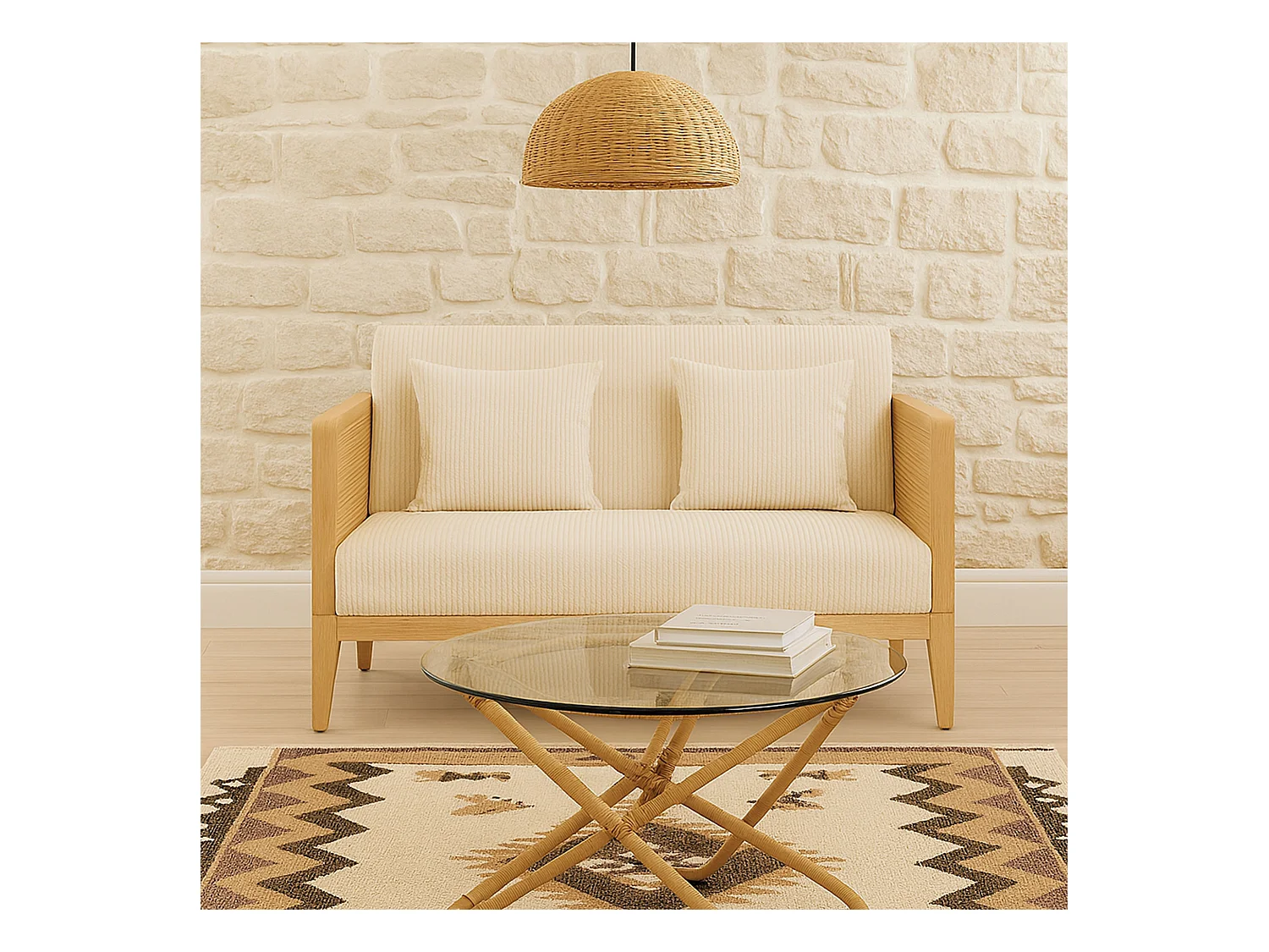 Artena Duo - Divano 2 Posti 143x80x84,5 cm Divanetto in Legno Massello e Polyrattan Rovere con Cuscini Bianco