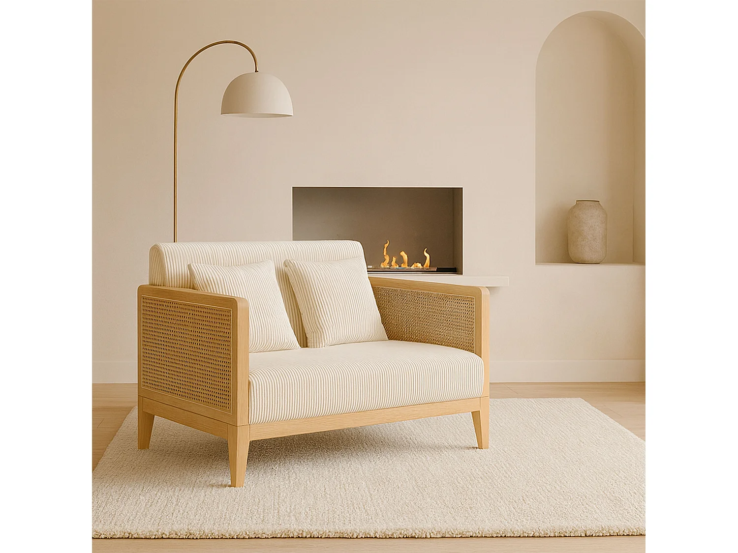 Artena Duo - Divano 2 Posti 143x80x84,5 cm Divanetto in Legno Massello e Polyrattan Rovere con Cuscini Bianco