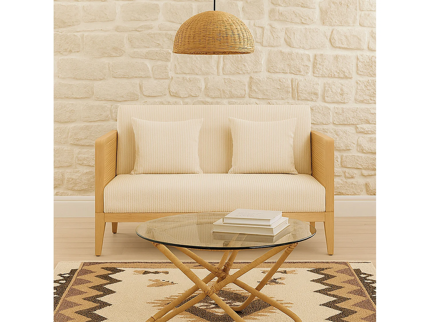 Artena Duo - Divano 2 Posti 143x80x84,5 cm Divanetto in Legno Massello e Polyrattan Rovere con Cuscini Bianco