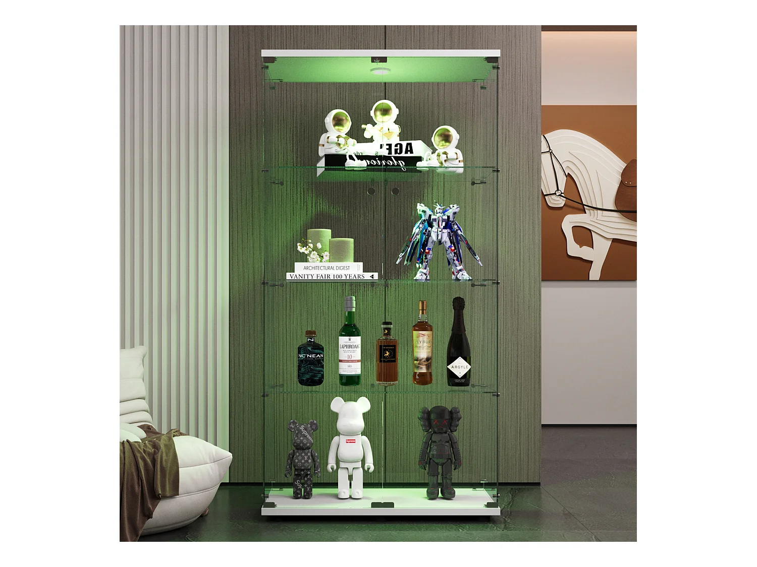 Vitrine en verre à deux portes avec éclairage LED et 4 étagères, bibliothèque sur pied pour salon, chambre à coucher, bureau, blanc