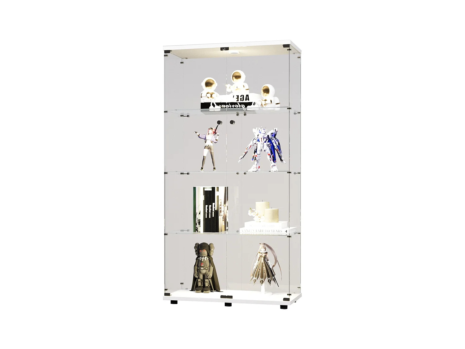 Vitrine en verre à deux portes avec éclairage LED et 4 étagères, bibliothèque sur pied pour salon, chambre à coucher, bureau, blanc