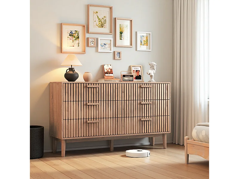 Commode 6 tiroirs en bois naturel, design moderne et minimaliste, grande capacité de rangement, structure robuste et stable pour chambre ou salon