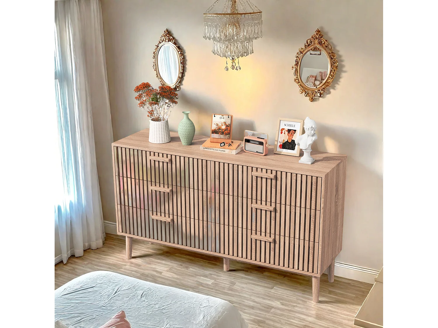 Commode 6 tiroirs en bois naturel, design moderne et minimaliste, grande capacité de rangement, structure robuste et stable pour chambre ou salon