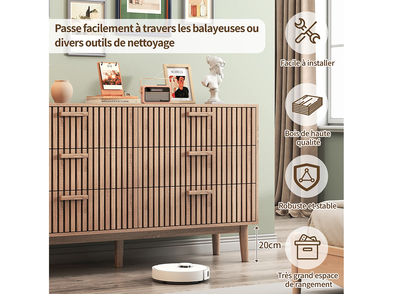 Commode 6 tiroirs en bois naturel, design moderne et minimaliste, grande capacité de rangement, structure robuste et stable pour chambre ou salon