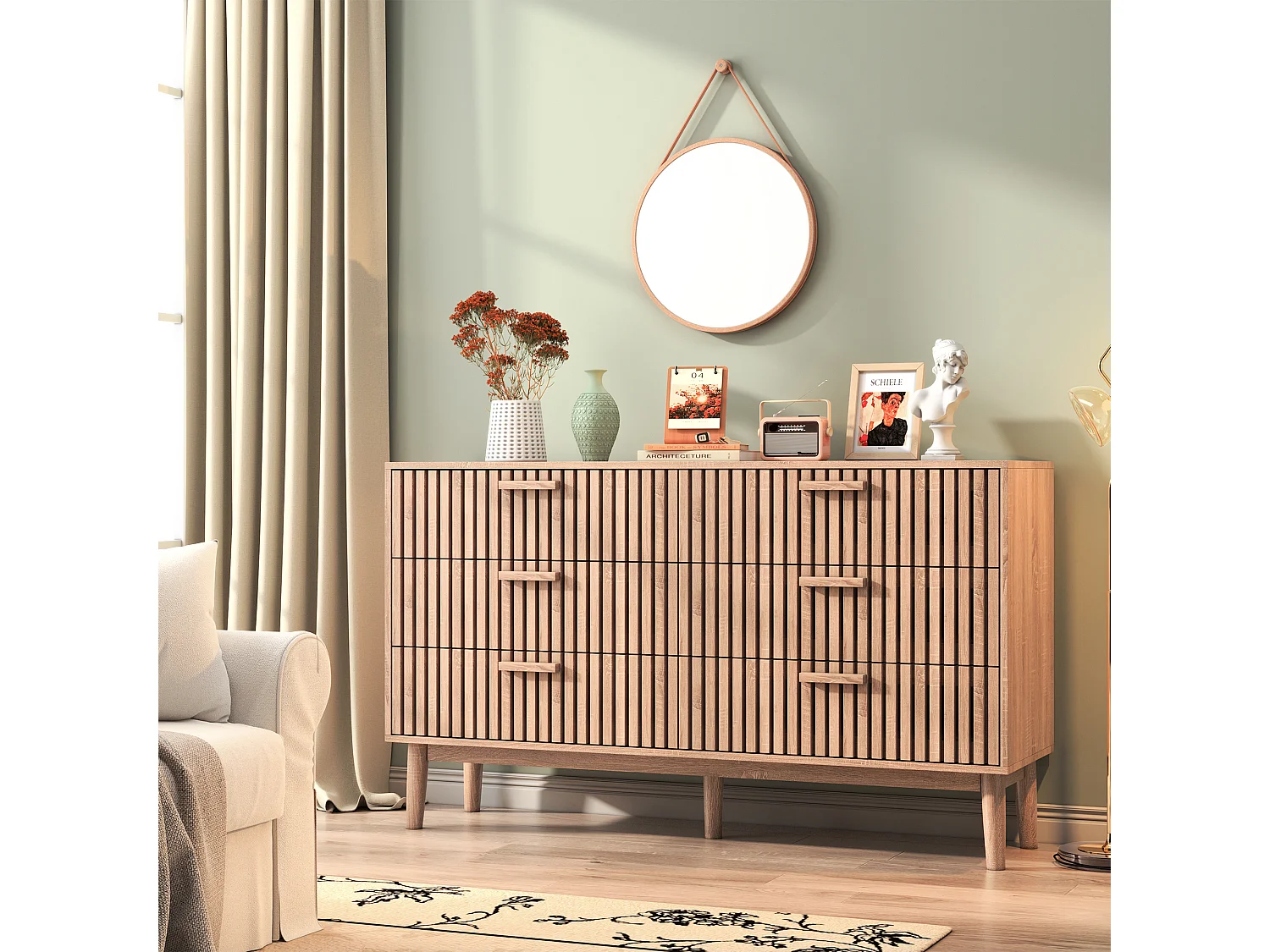 Commode 6 tiroirs en bois naturel, design moderne et minimaliste, grande capacité de rangement, structure robuste et stable pour chambre ou salon