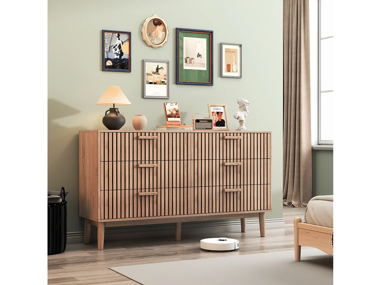 Commode 6 tiroirs en bois naturel, design moderne et minimaliste, grande capacité de rangement, structure robuste et stable pour chambre ou salon