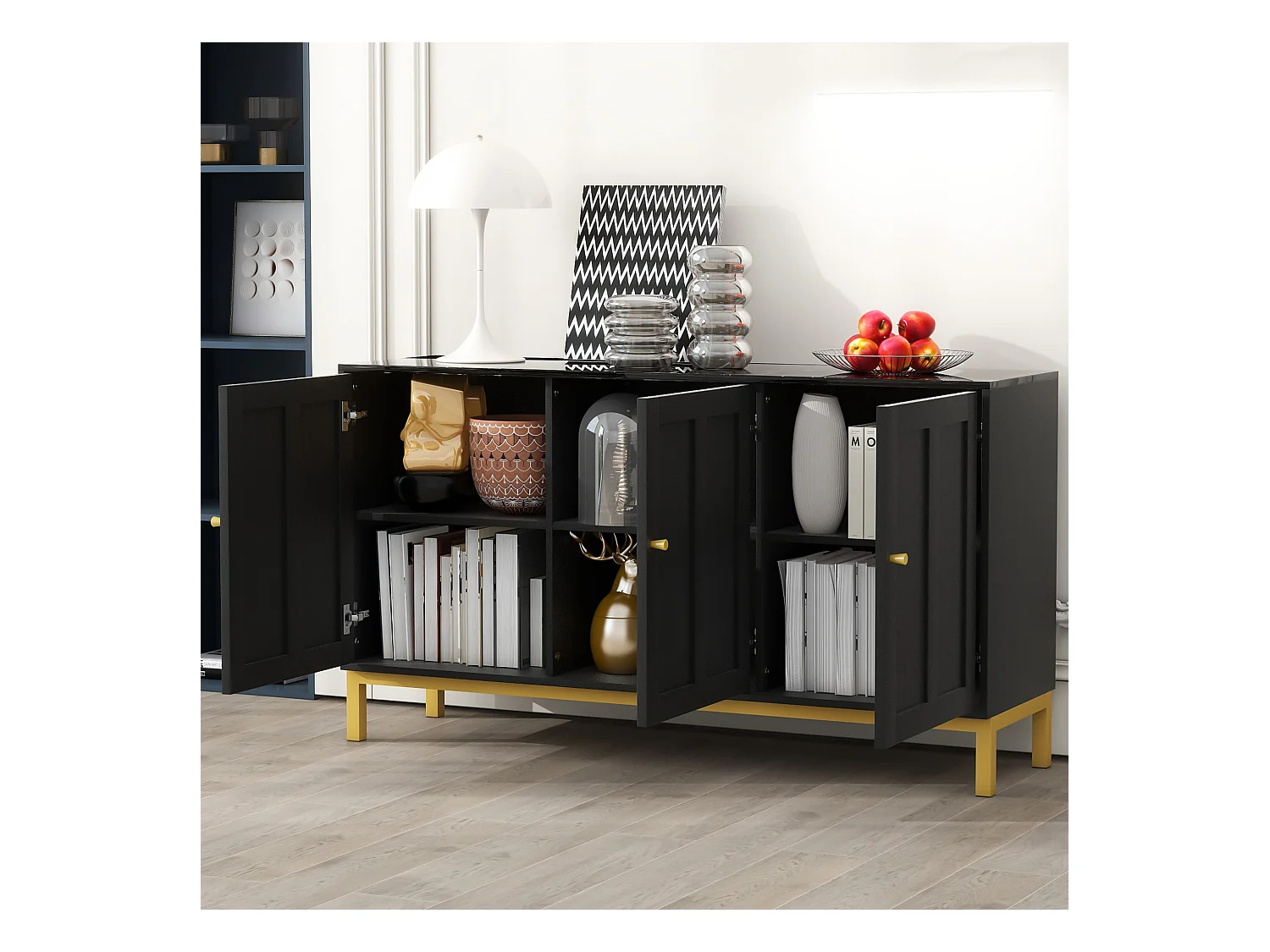 Buffet élégant 3 portes avec plateau en marbre – Meuble de rangement stylé pour cuisine, salon et salle à manger – Noir