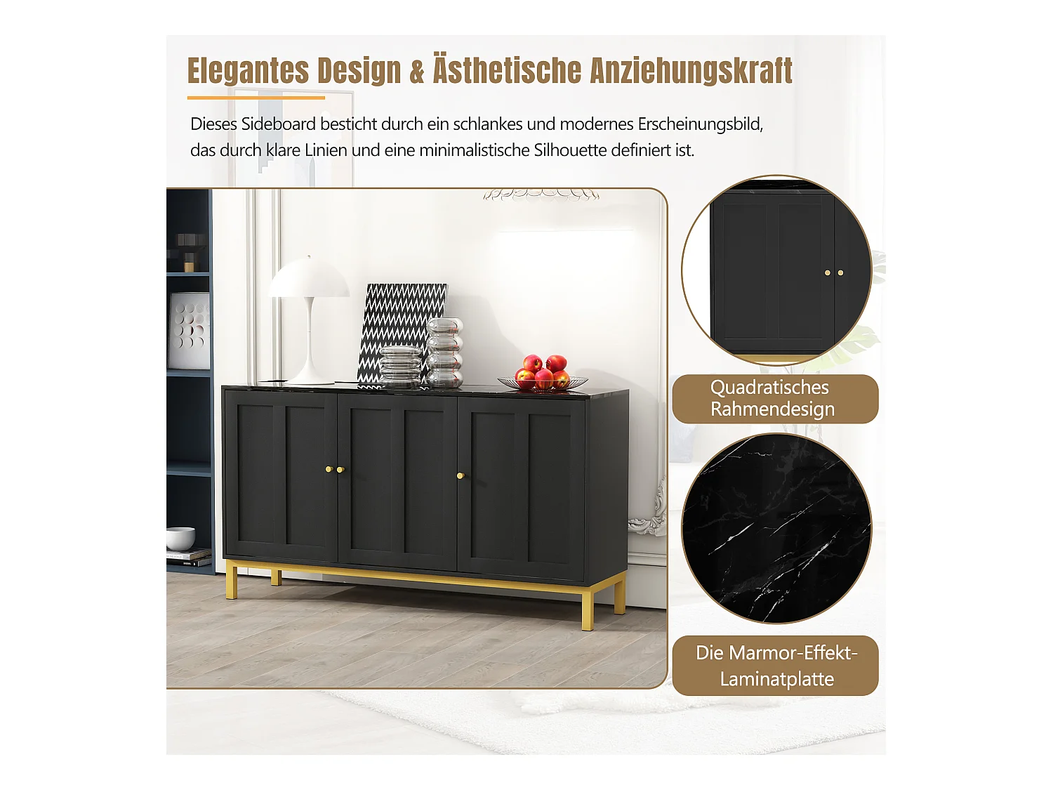 Buffet élégant 3 portes avec plateau en marbre – Meuble de rangement stylé pour cuisine, salon et salle à manger – Noir