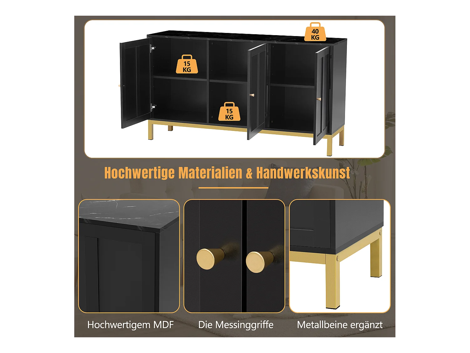 Buffet élégant 3 portes avec plateau en marbre – Meuble de rangement stylé pour cuisine, salon et salle à manger – Noir
