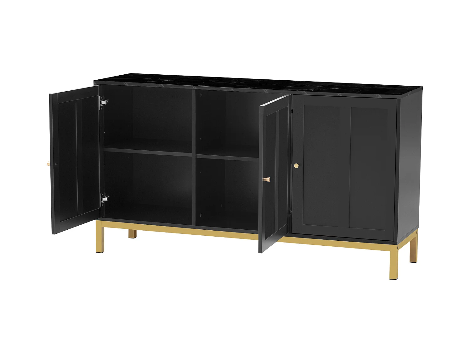 Buffet élégant 3 portes avec plateau en marbre – Meuble de rangement stylé pour cuisine, salon et salle à manger – Noir