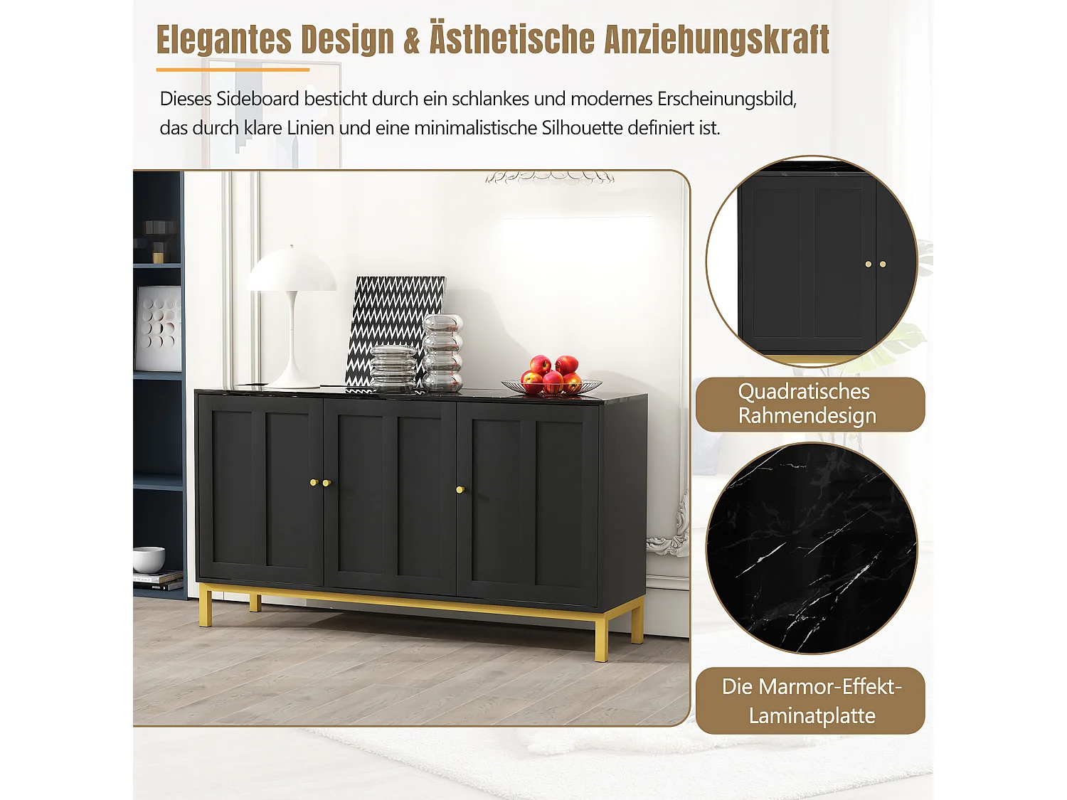 Buffet élégant 3 portes avec plateau en marbre – Meuble de rangement stylé pour cuisine, salon et salle à manger – Noir