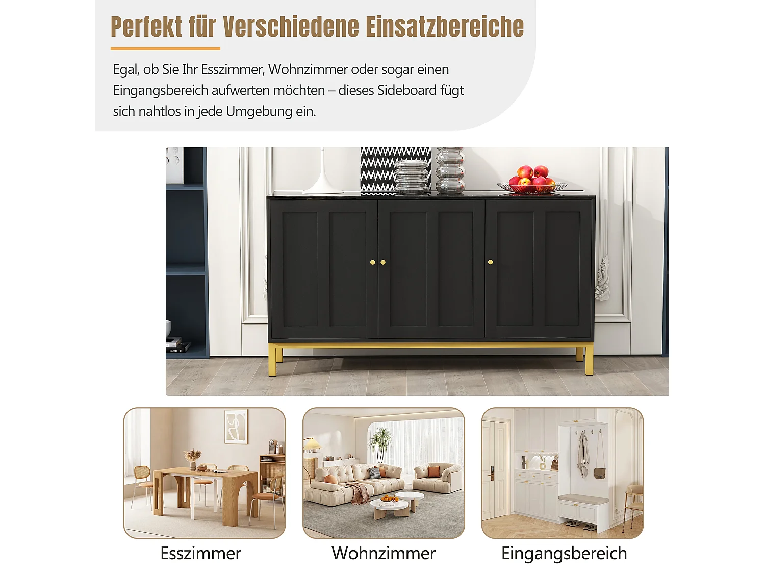Buffet élégant 3 portes avec plateau en marbre – Meuble de rangement stylé pour cuisine, salon et salle à manger – Noir