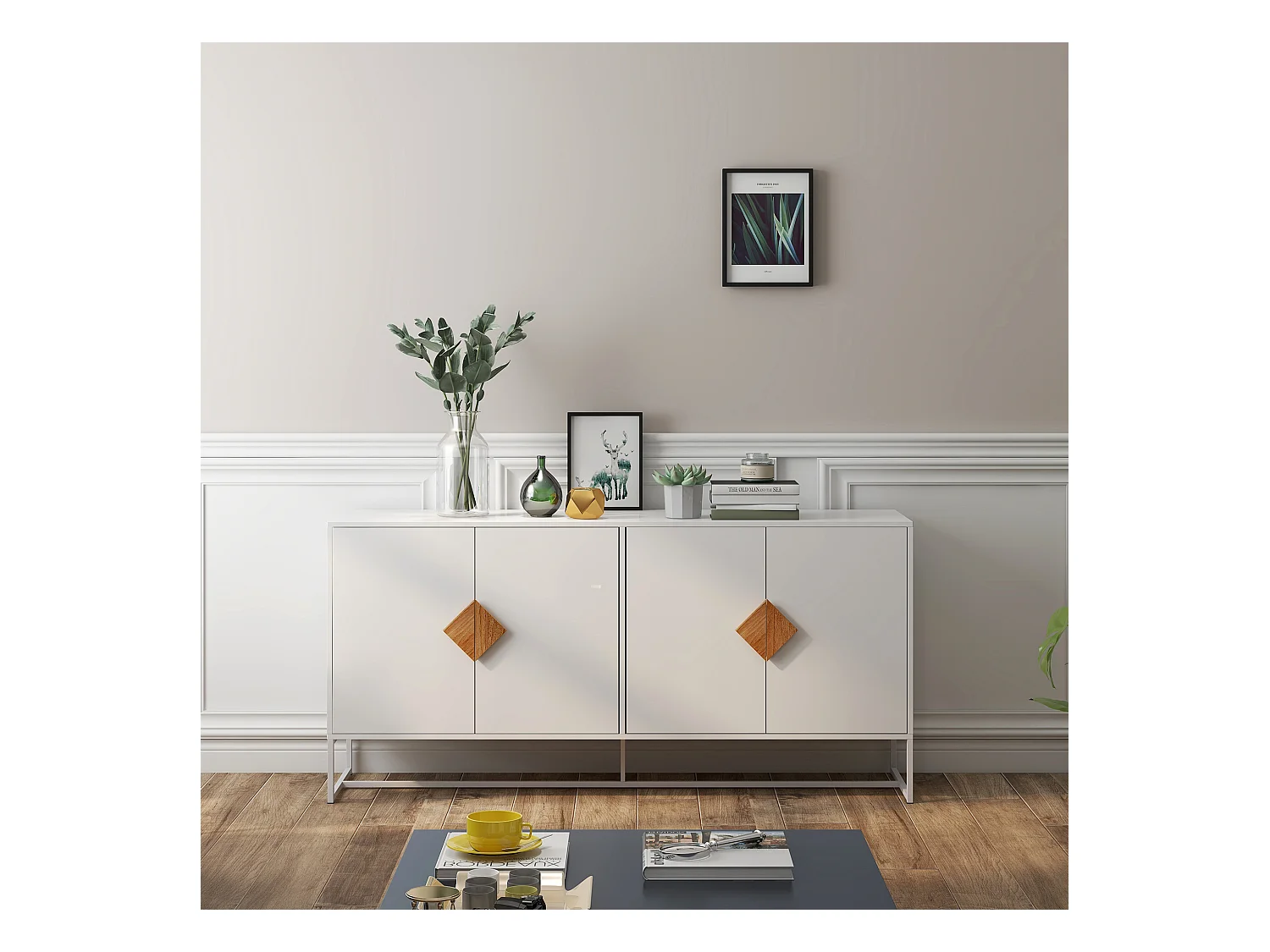 Buffet en bois massif 4 portes – Poignées carrées au design original, double rangement spacieux, élégant et pratique pour salon ou salle à manger