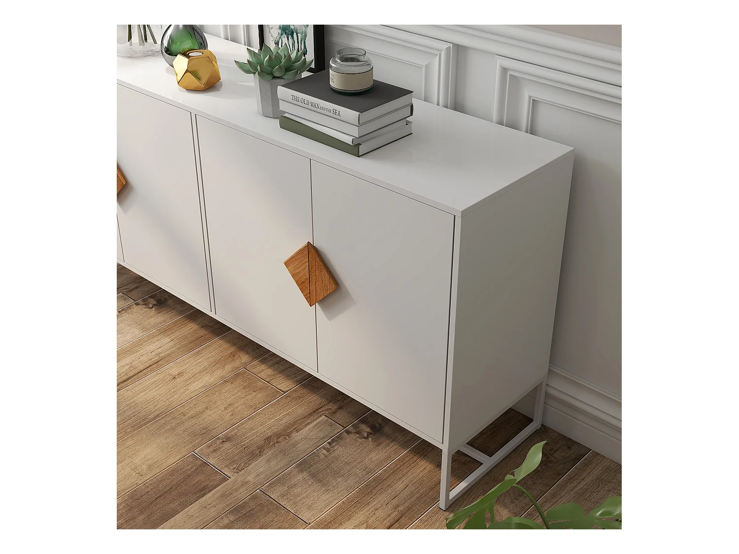 Buffet en bois massif 4 portes – Poignées carrées au design original, double rangement spacieux, élégant et pratique pour salon ou salle à manger