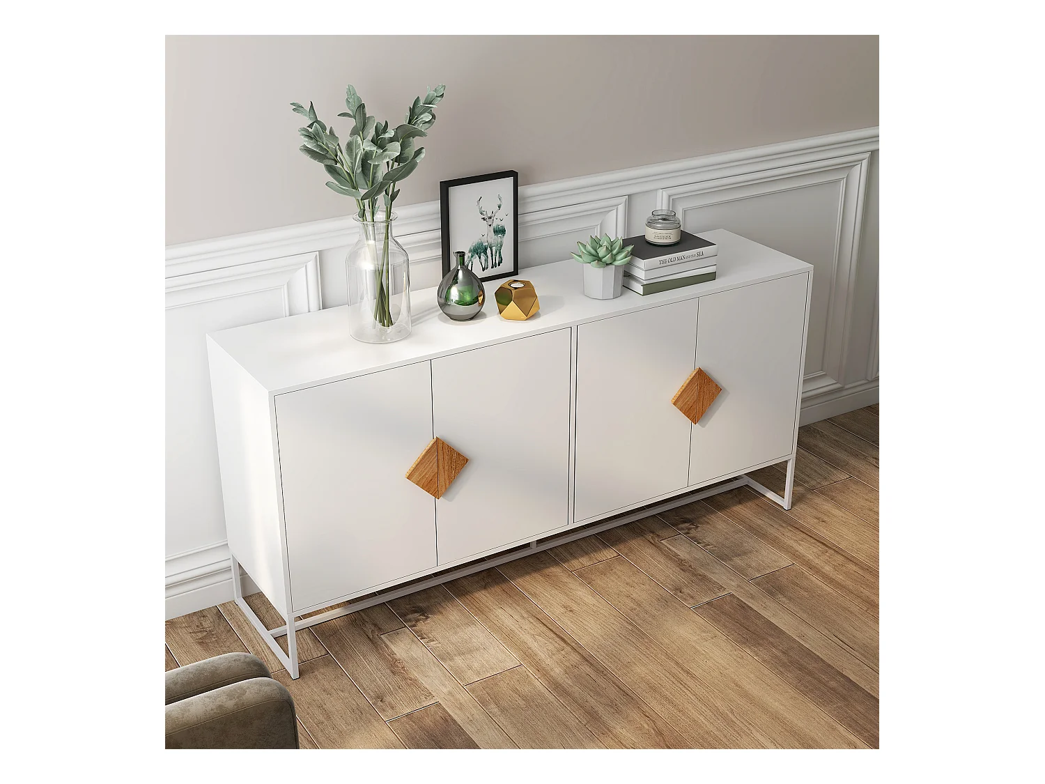 Buffet en bois massif 4 portes – Poignées carrées au design original, double rangement spacieux, élégant et pratique pour salon ou salle à manger