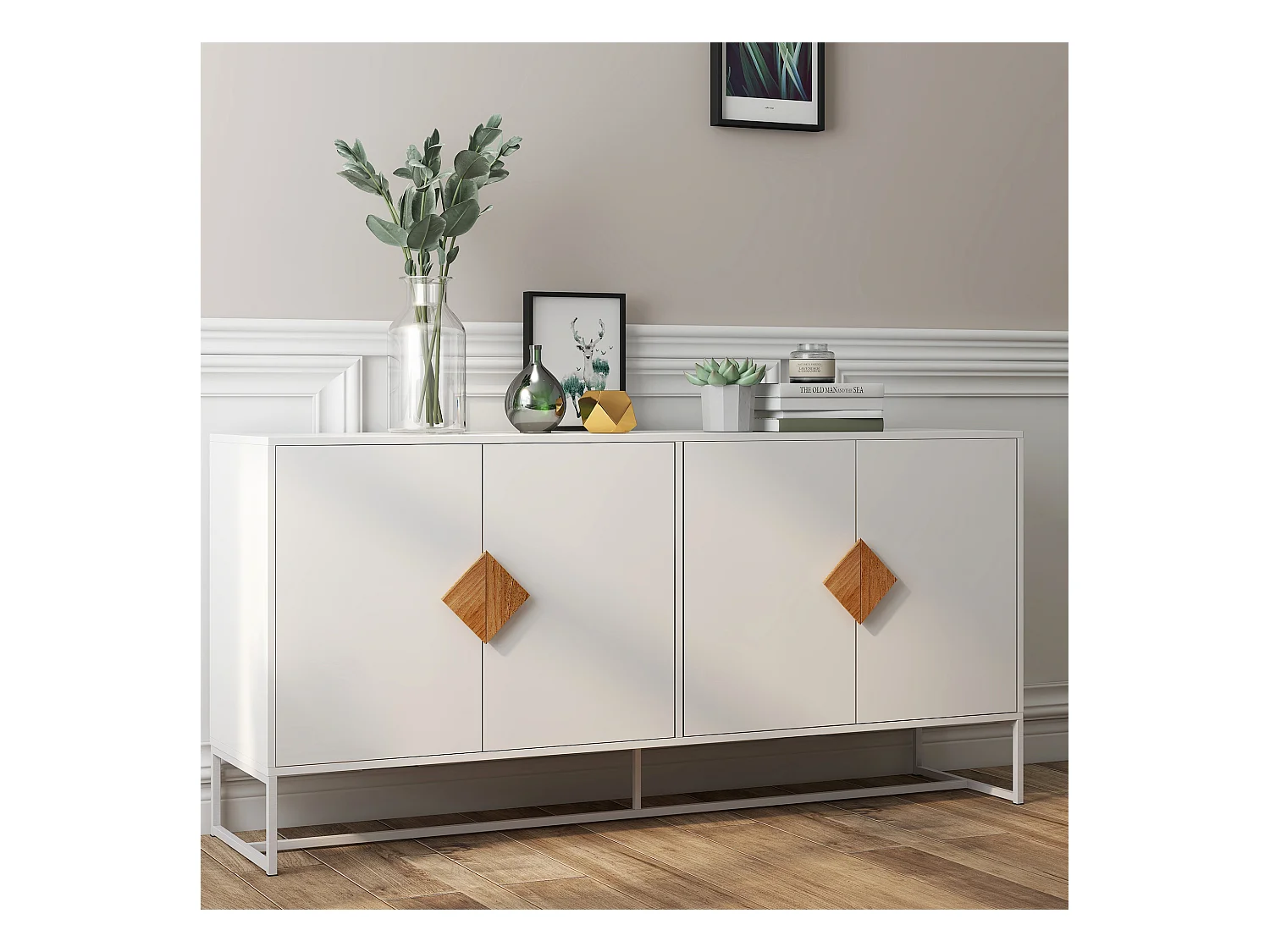 Buffet en bois massif 4 portes – Poignées carrées au design original, double rangement spacieux, élégant et pratique pour salon ou salle à manger