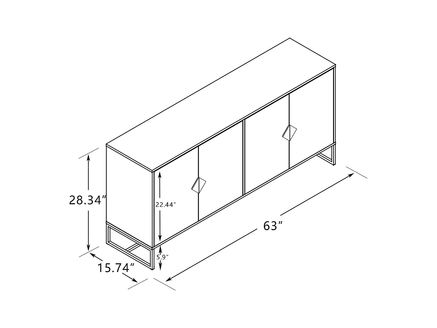 Buffet en bois massif 4 portes – Poignées carrées au design original, double rangement spacieux, élégant et pratique pour salon ou salle à manger