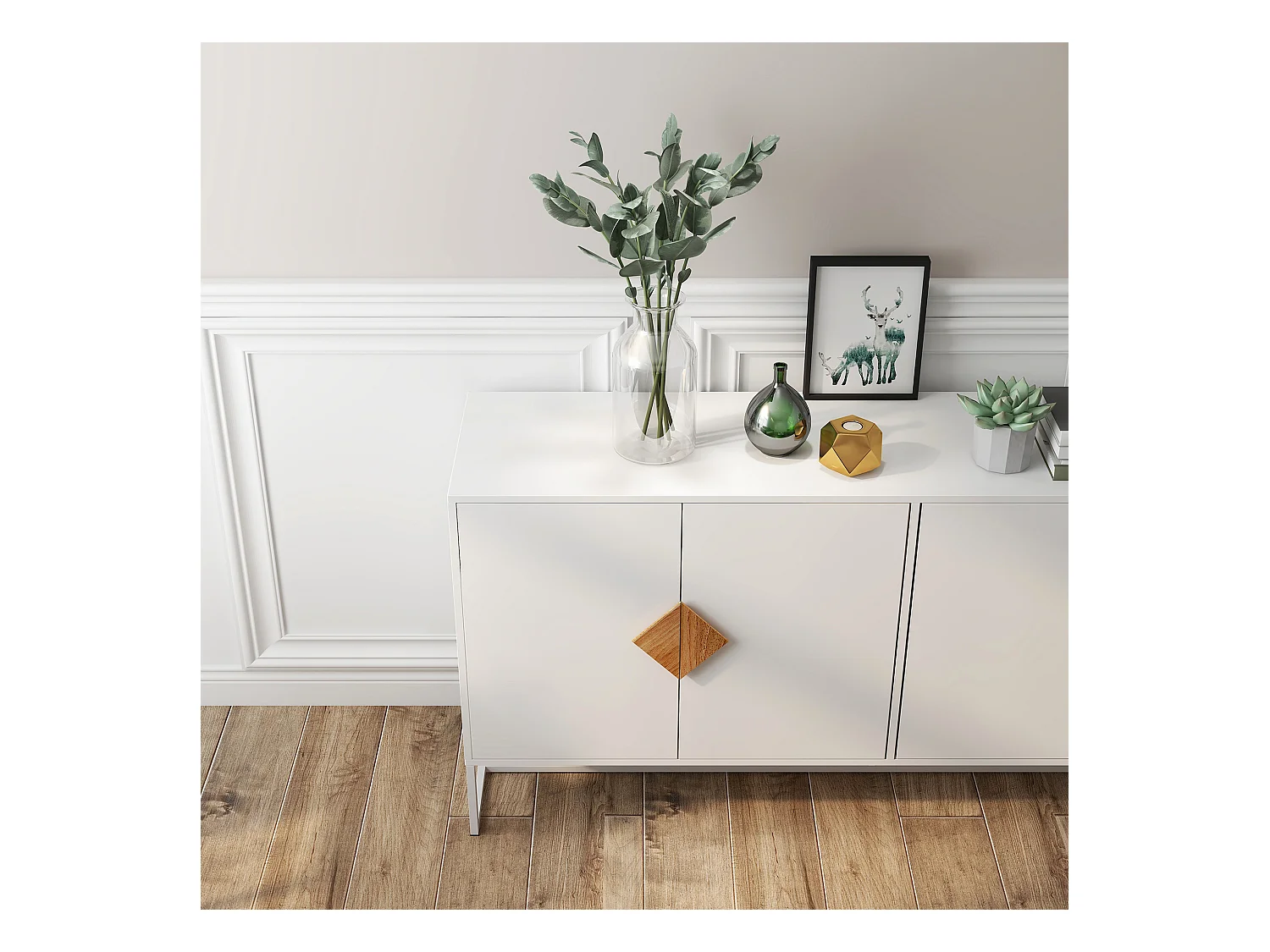 Buffet en bois massif 4 portes – Poignées carrées au design original, double rangement spacieux, élégant et pratique pour salon ou salle à manger