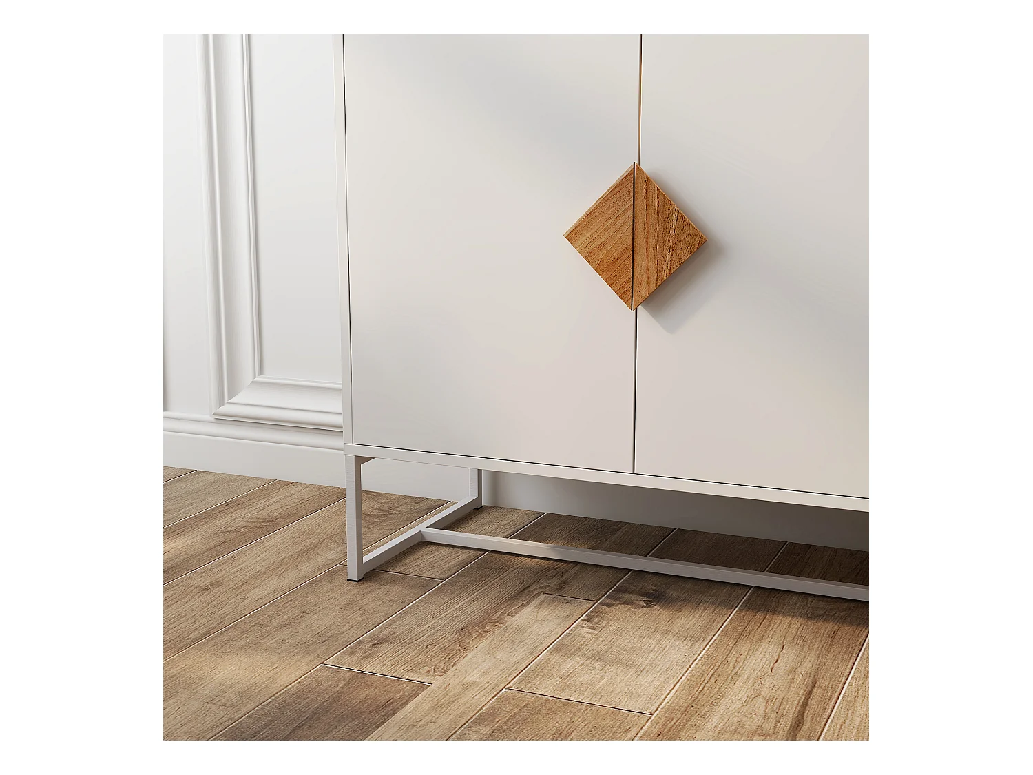 Buffet en bois massif 4 portes – Poignées carrées au design original, double rangement spacieux, élégant et pratique pour salon ou salle à manger