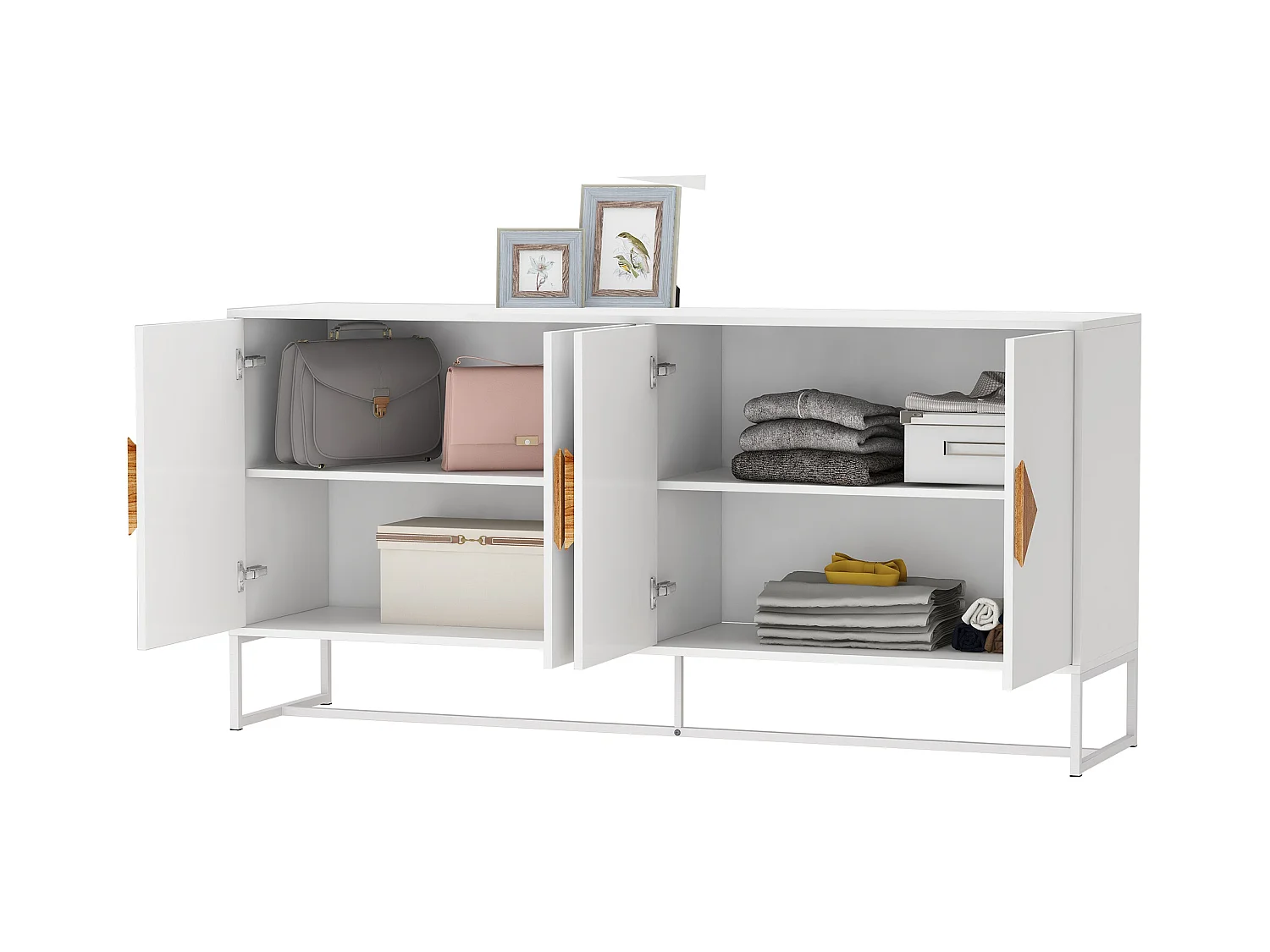 Buffet en bois massif 4 portes – Poignées carrées au design original, double rangement spacieux, élégant et pratique pour salon ou salle à manger