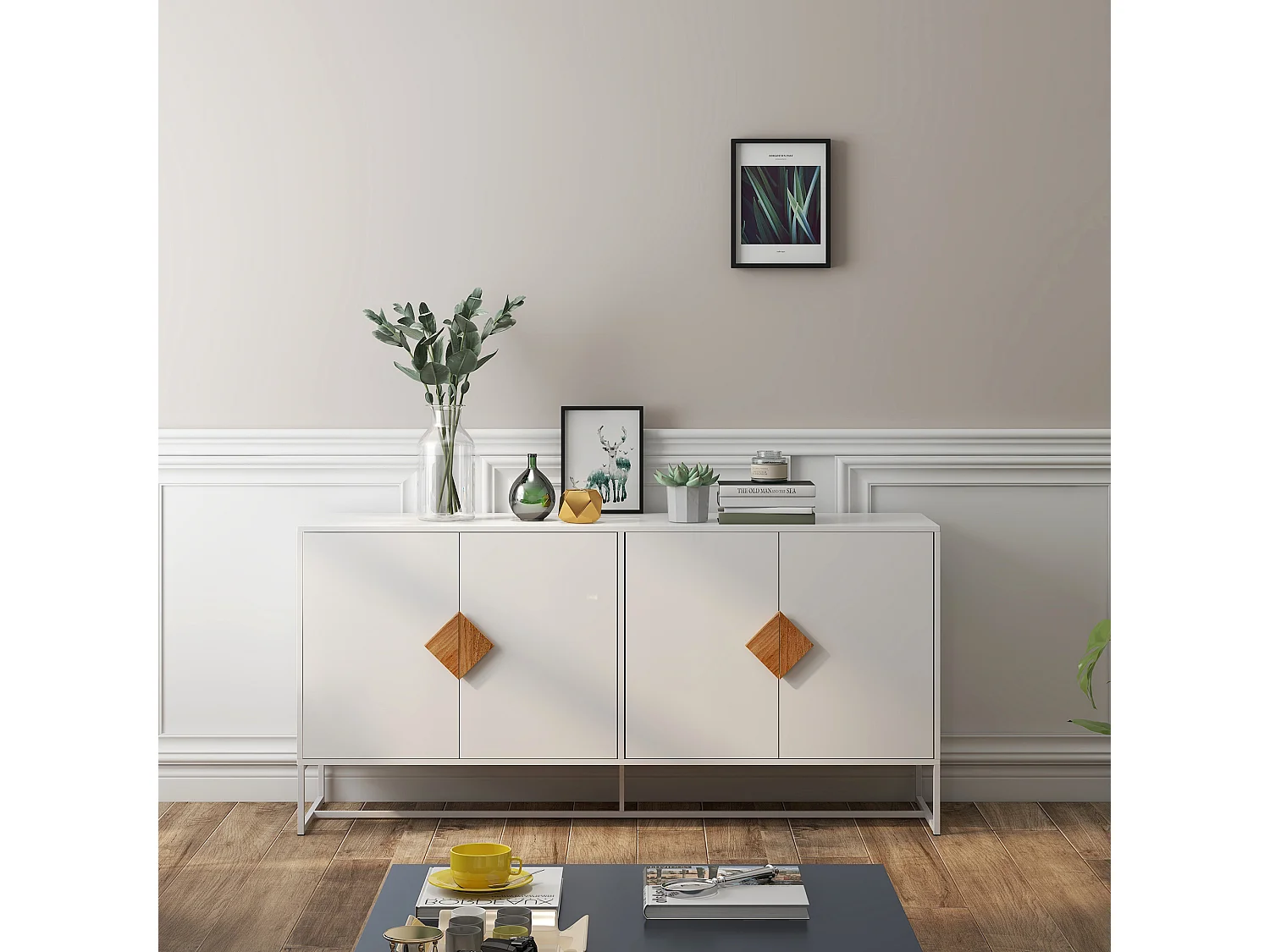 Aparador de madera maciza con 4 puertas - Tiradores cuadrados originales, amplio almacenaje doble, elegante y práctico para salón o comedor