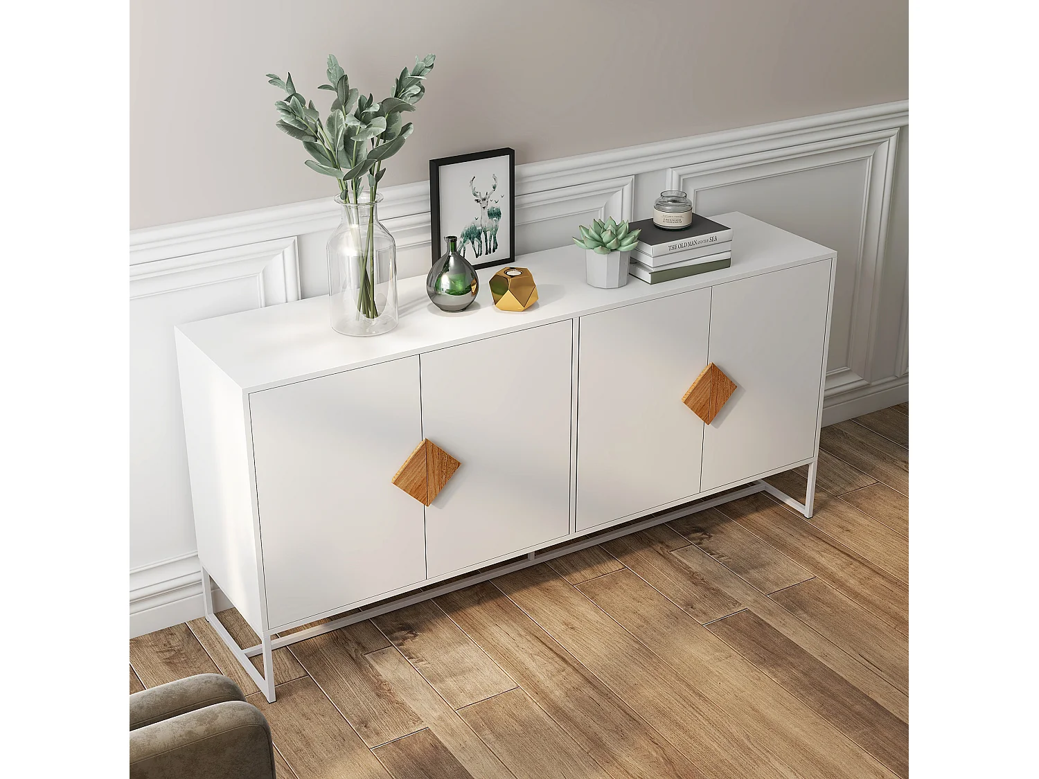 Aparador de madera maciza con 4 puertas - Tiradores cuadrados originales, amplio almacenaje doble, elegante y práctico para salón o comedor