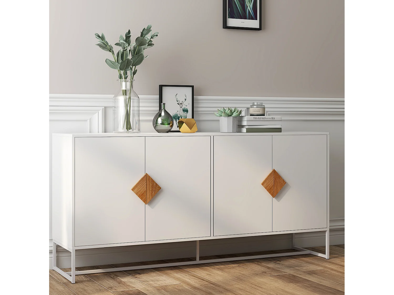 Aparador de madera maciza con 4 puertas - Tiradores cuadrados originales, amplio almacenaje doble, elegante y práctico para salón o comedor