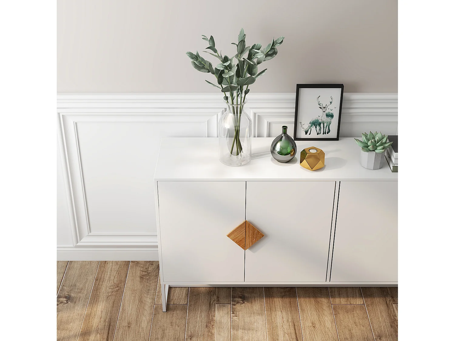 Aparador de madera maciza con 4 puertas - Tiradores cuadrados originales, amplio almacenaje doble, elegante y práctico para salón o comedor