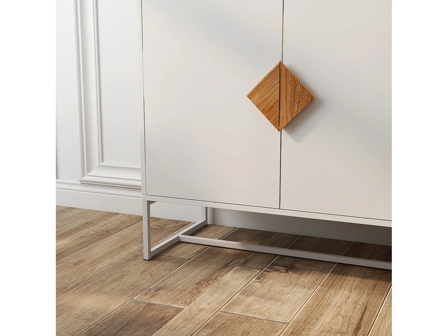 Aparador de madera maciza con 4 puertas - Tiradores cuadrados originales, amplio almacenaje doble, elegante y práctico para salón o comedor