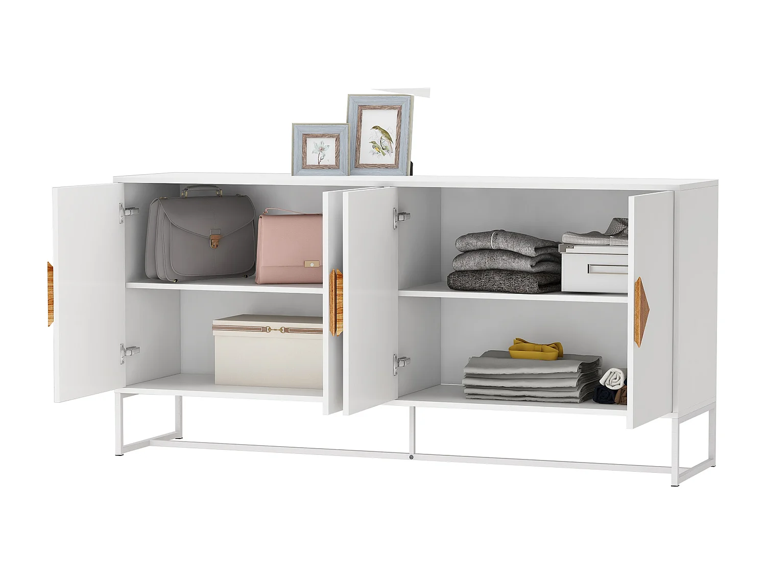 Aparador de madera maciza con 4 puertas - Tiradores cuadrados originales, amplio almacenaje doble, elegante y práctico para salón o comedor