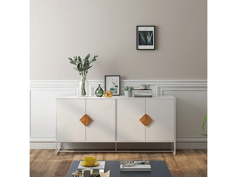 Aparador de madera maciza con 4 puertas - Tiradores cuadrados originales, amplio almacenaje doble, elegante y práctico para salón o comedor