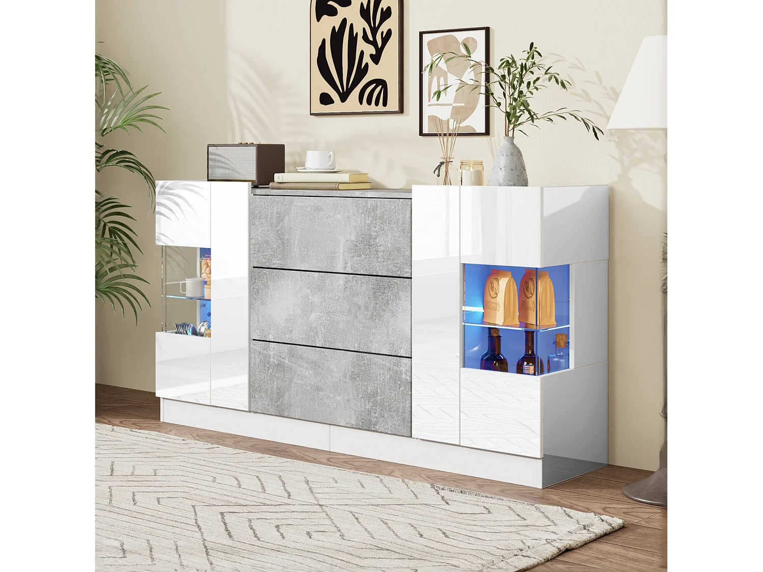 Elegant dressoir met 2 deuren en 3 laden - Glanzend witte fronten en grijs marmereffect, 16-kleurige LED-verlichting, 140 x 35 x 75 cm