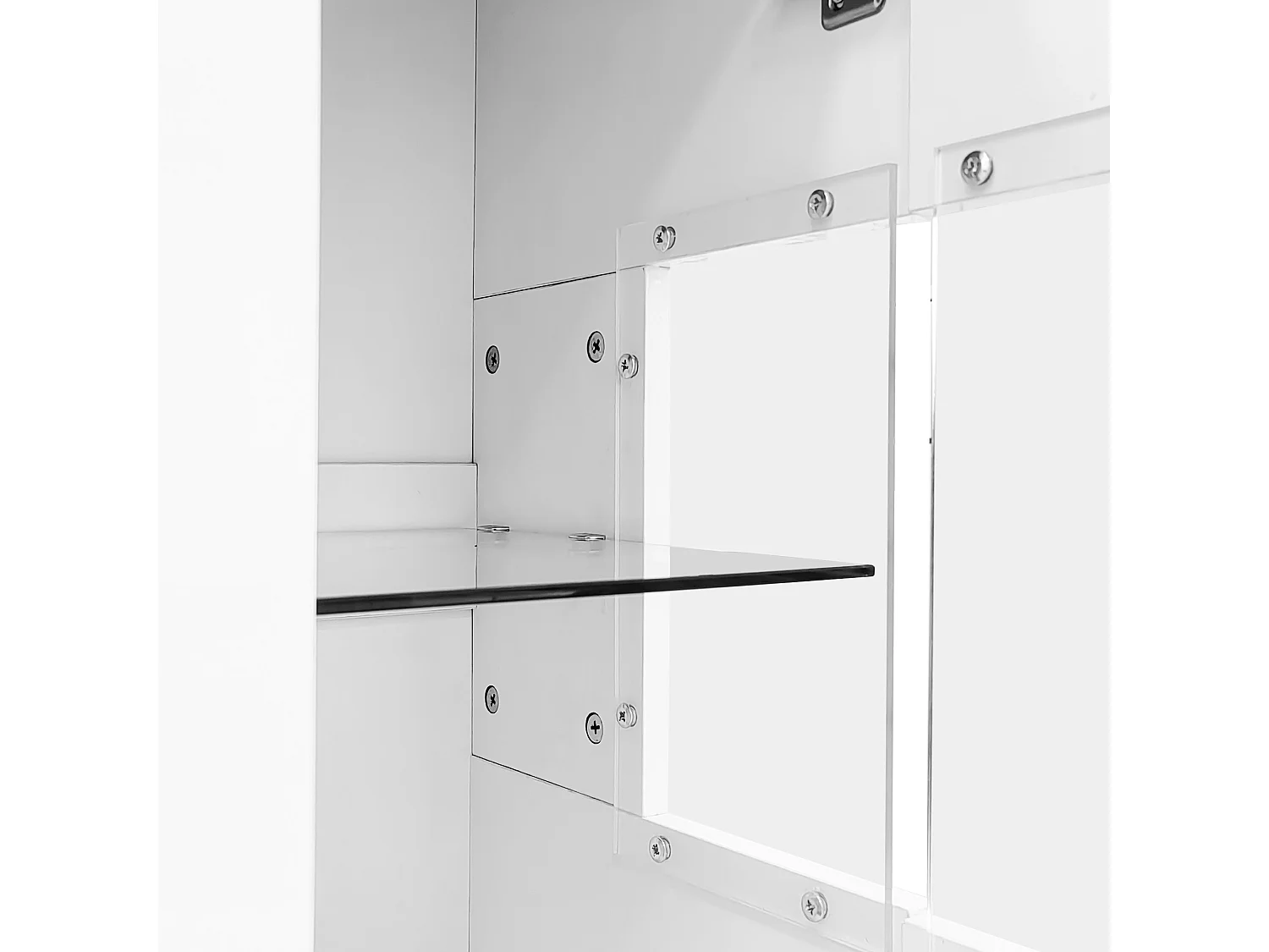 Elegant dressoir met 2 deuren en 3 laden - Glanzend witte fronten en grijs marmereffect, 16-kleurige LED-verlichting, 140 x 35 x 75 cm