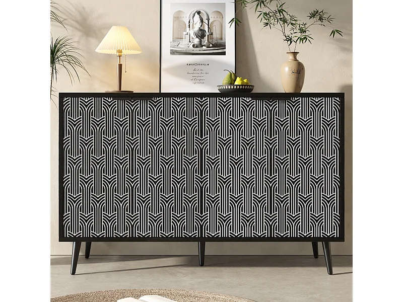 Zwarte dressoir 120x35x78 cm, uniek deurontwerp, gesneden visgraatmotief, anti-kantel, vrijstaand, ideaal voor eetkamer en woonkamer