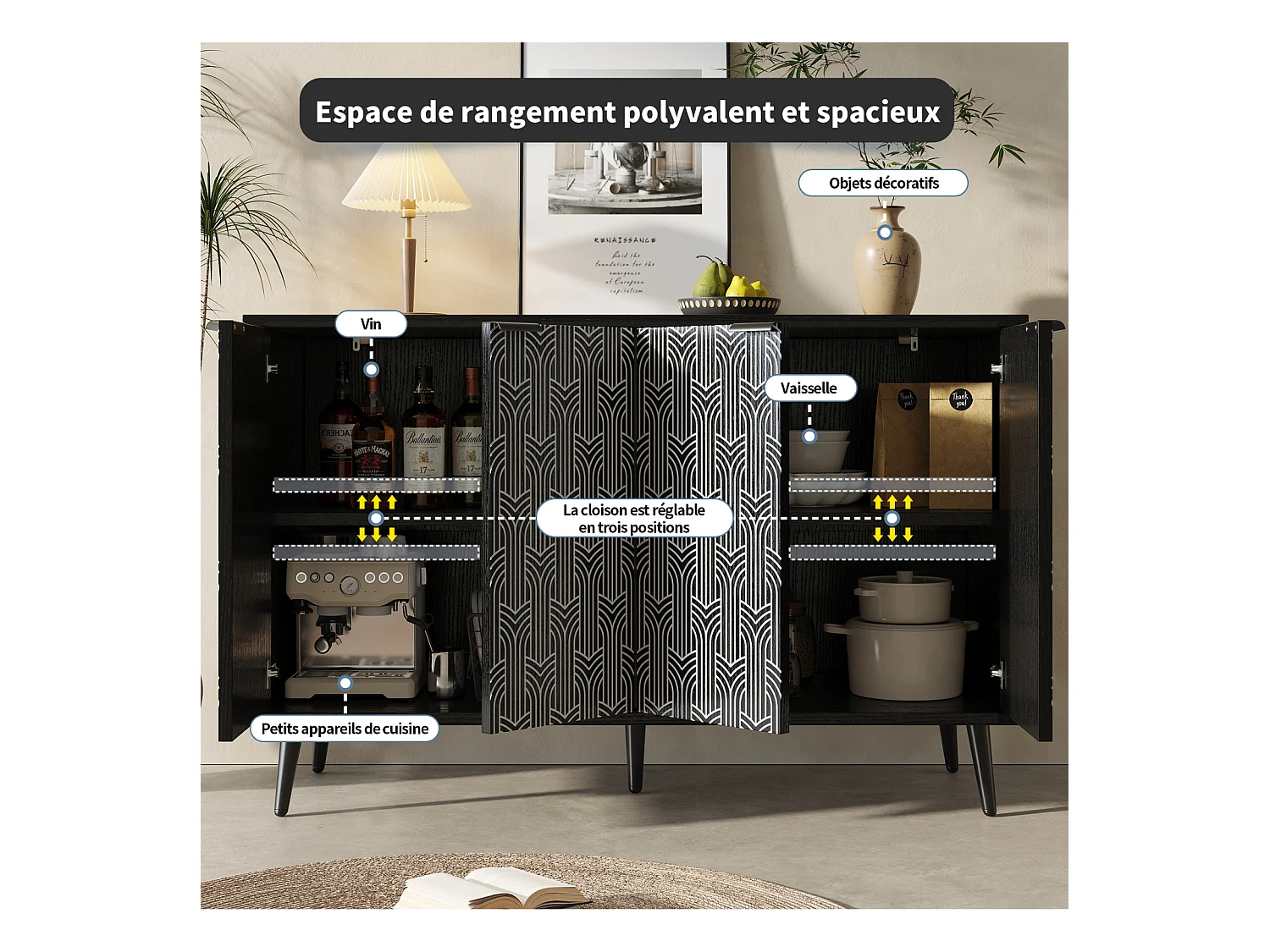 Buffet noir 120x35x78 cm, design de porte unique, motif chevron sculpté, anti-basculement, autoportant, idéal salle à manger et salon