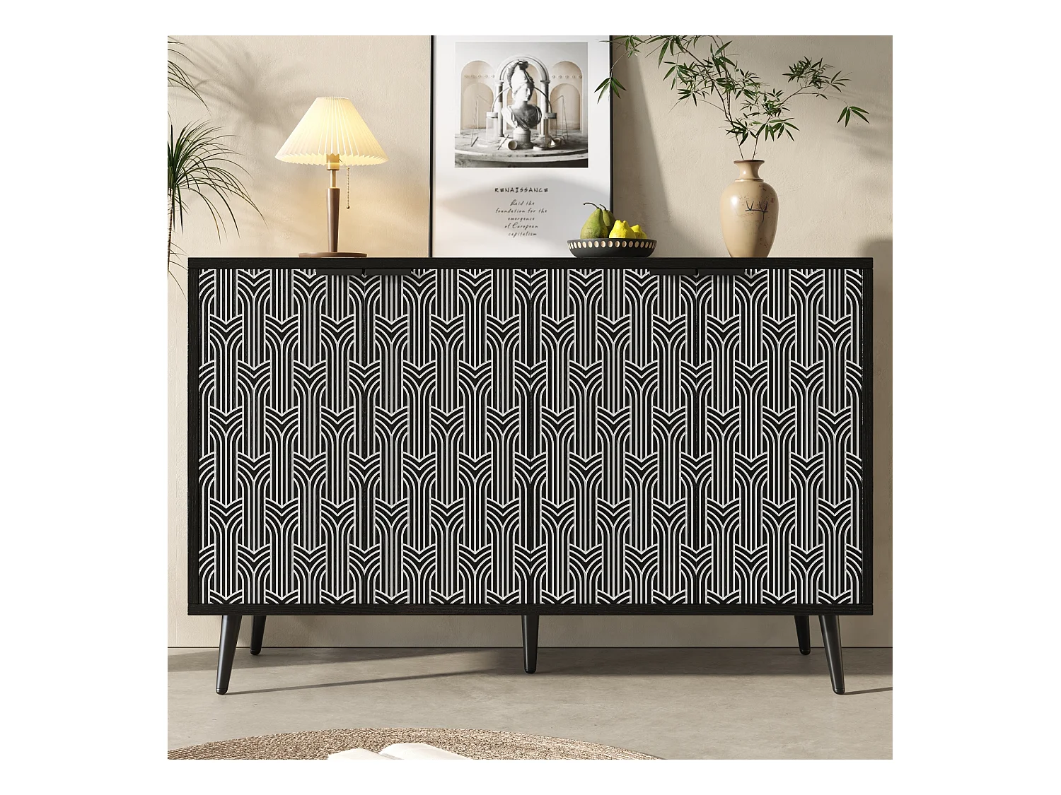 Zwarte dressoir 120x35x78 cm, uniek deurontwerp, gesneden visgraatmotief, anti-kantel, vrijstaand, ideaal voor eetkamer en woonkamer