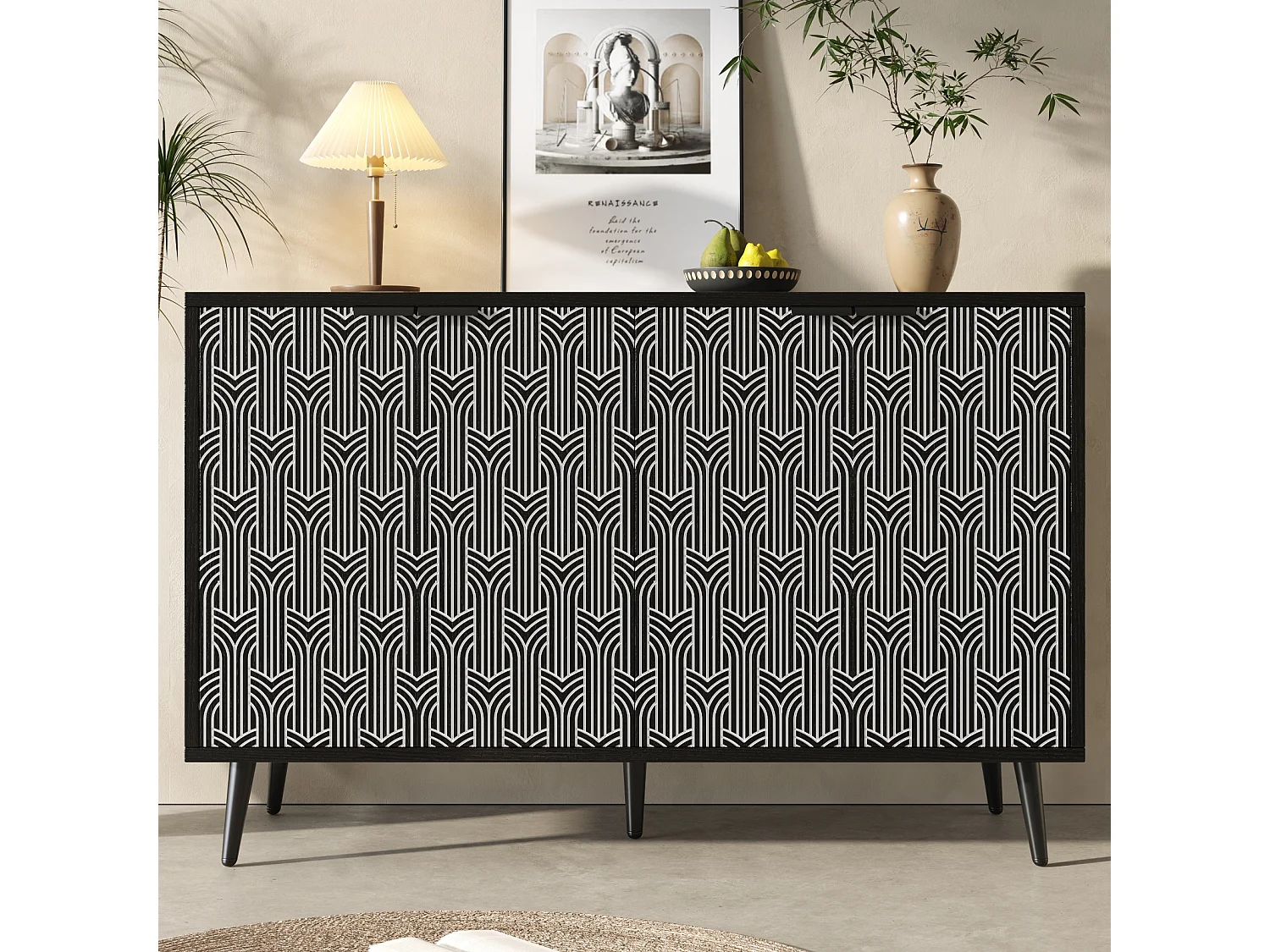 Buffet noir 120x35x78 cm, design de porte unique, motif chevron sculpté, anti-basculement, autoportant, idéal salle à manger et salon