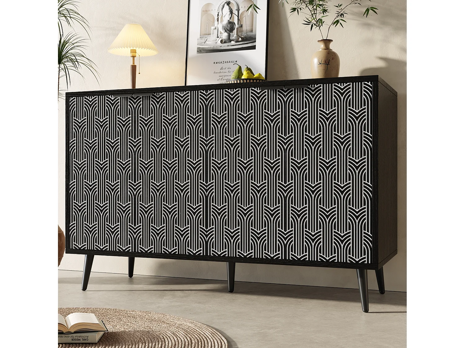 Buffet noir 120x35x78 cm, design de porte unique, motif chevron sculpté, anti-basculement, autoportant, idéal salle à manger et salon