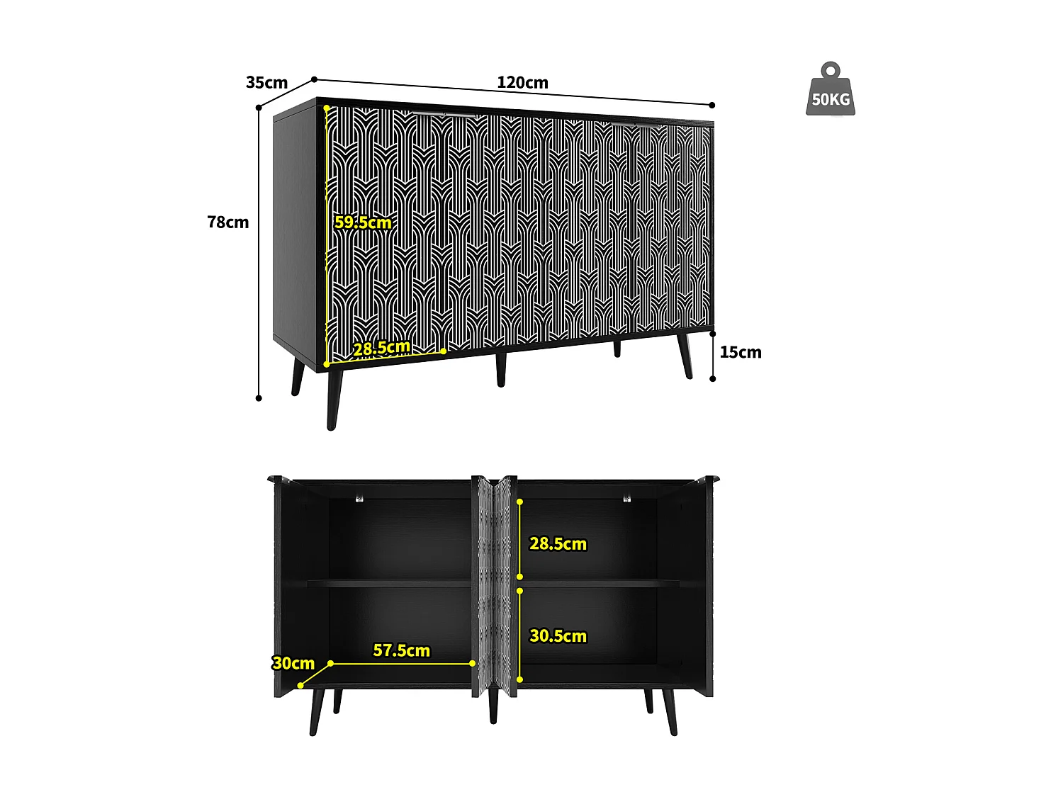 Buffet noir 120x35x78 cm, design de porte unique, motif chevron sculpté, anti-basculement, autoportant, idéal salle à manger et salon
