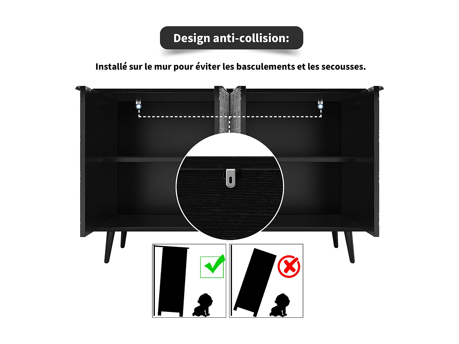 Buffet noir 120x35x78 cm, design de porte unique, motif chevron sculpté, anti-basculement, autoportant, idéal salle à manger et salon
