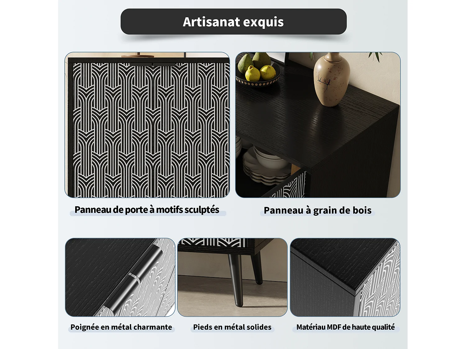 Buffet noir 120x35x78 cm, design de porte unique, motif chevron sculpté, anti-basculement, autoportant, idéal salle à manger et salon