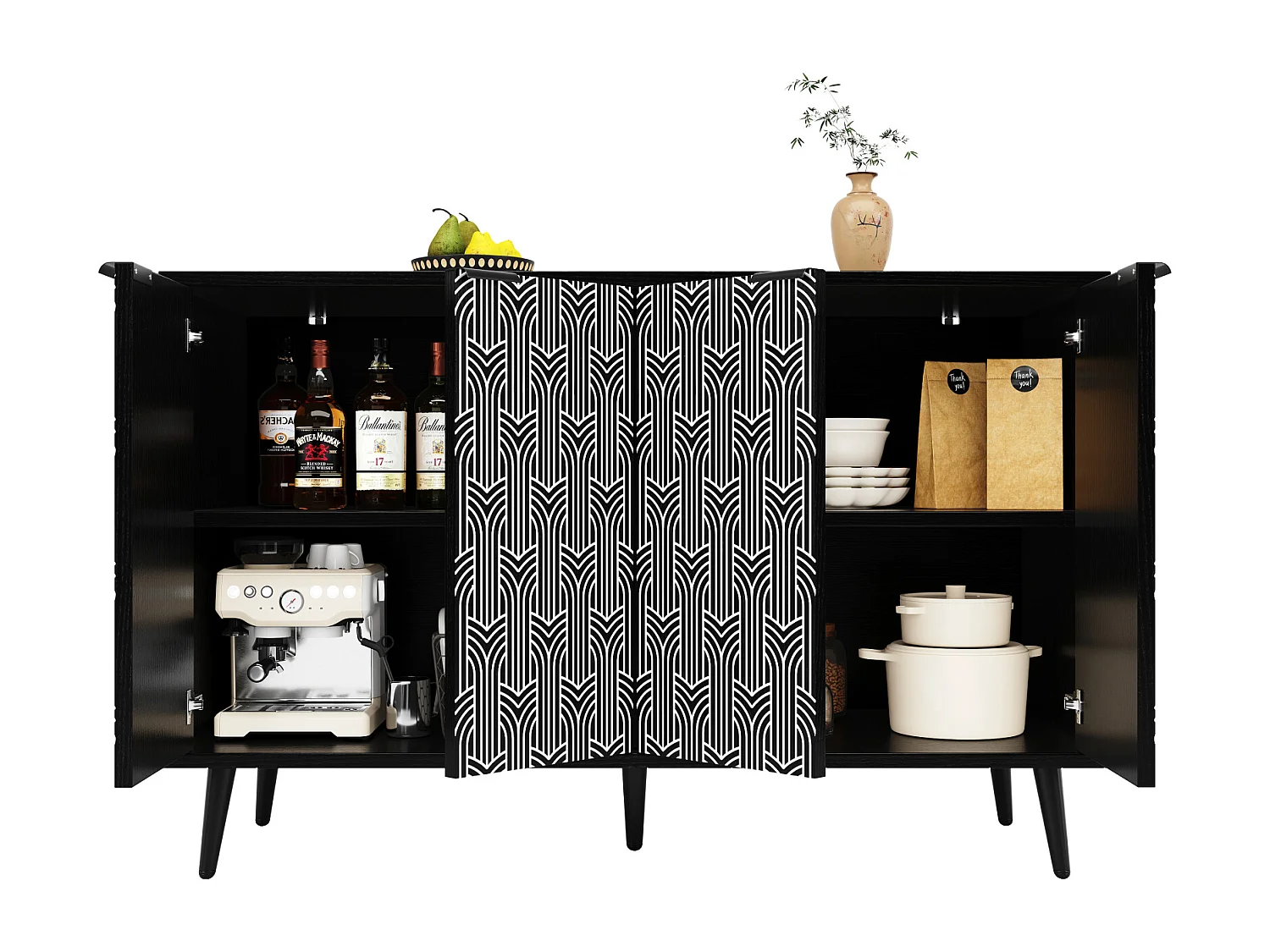 Buffet noir 120x35x78 cm, design de porte unique, motif chevron sculpté, anti-basculement, autoportant, idéal salle à manger et salon