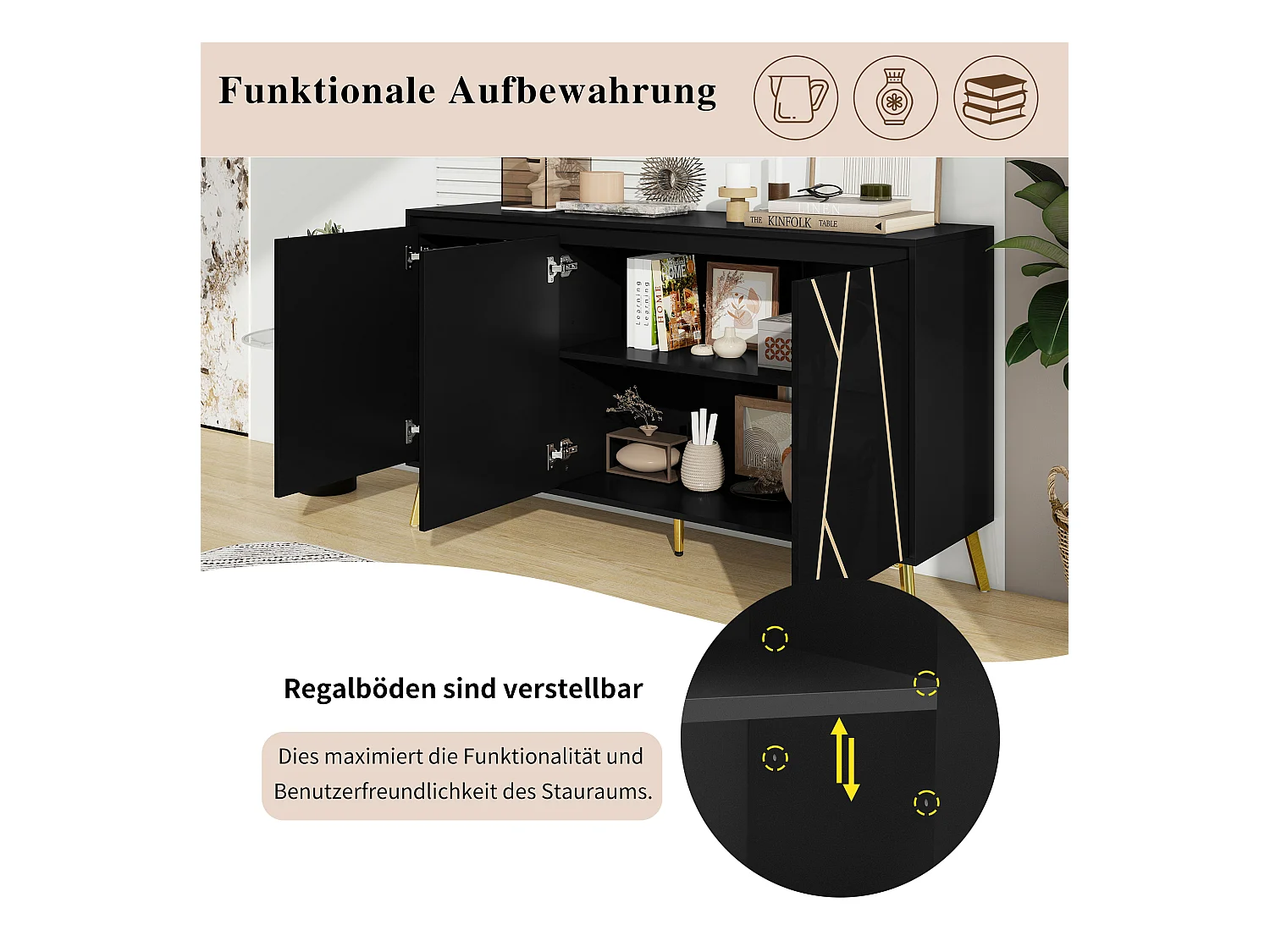 Buffet moderne 3 portes sans poignées avec ligne unique – Meuble élégant pour salle à manger, salon et cuisine – Noir