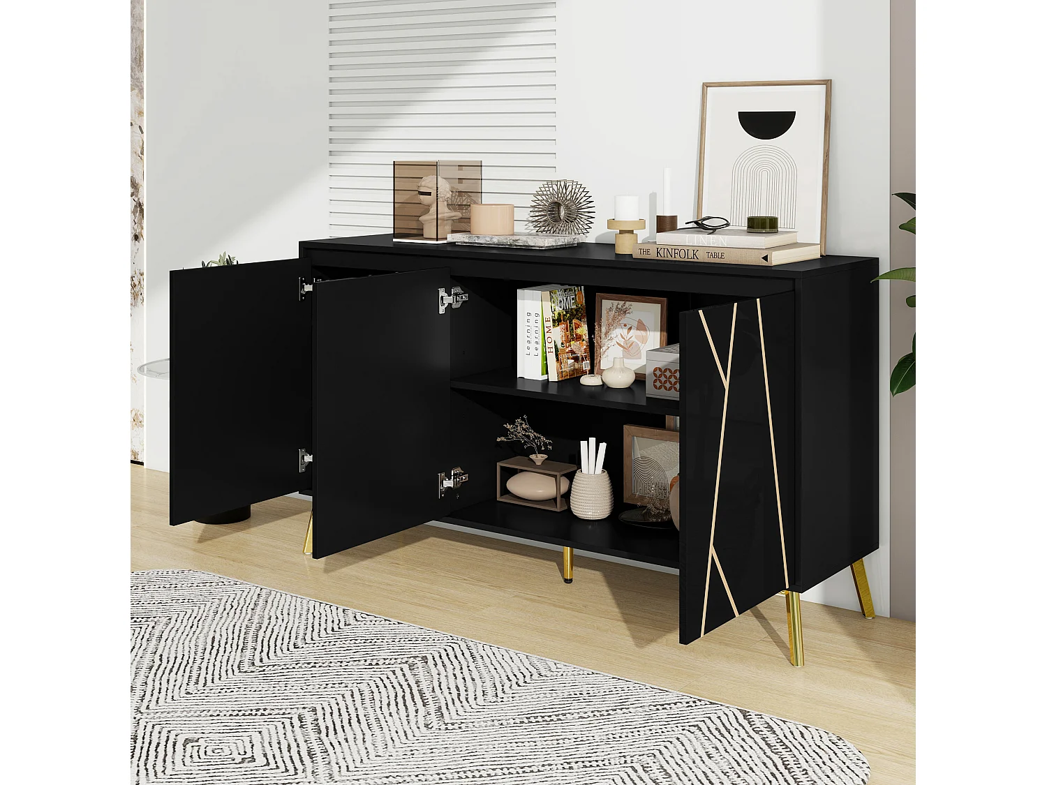 Aparador moderno de 3 puertas sin tiradores con línea única - Muebles elegantes para comedor, salón y cocina - Negro