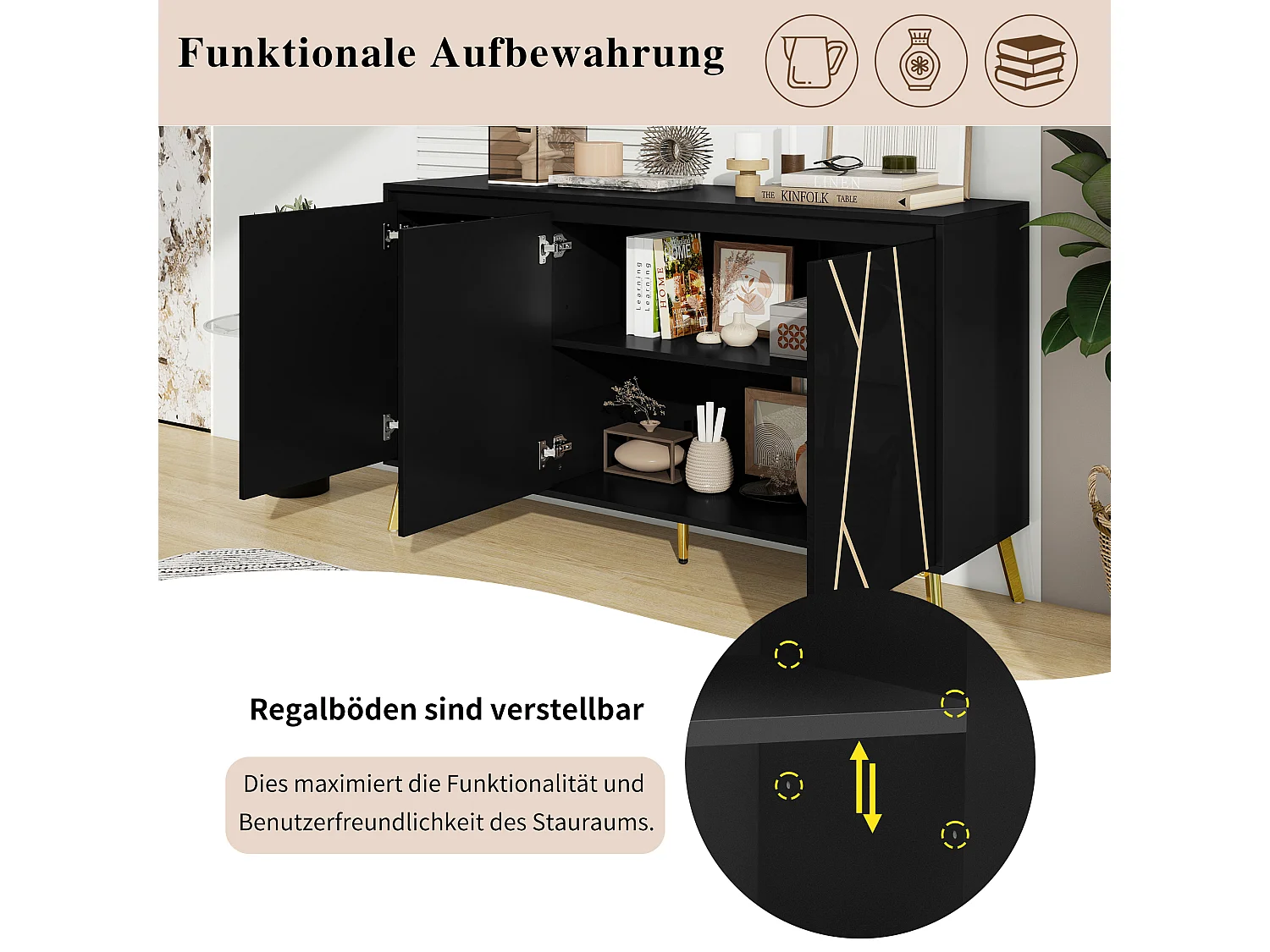 Aparador moderno de 3 puertas sin tiradores con línea única - Muebles elegantes para comedor, salón y cocina - Negro