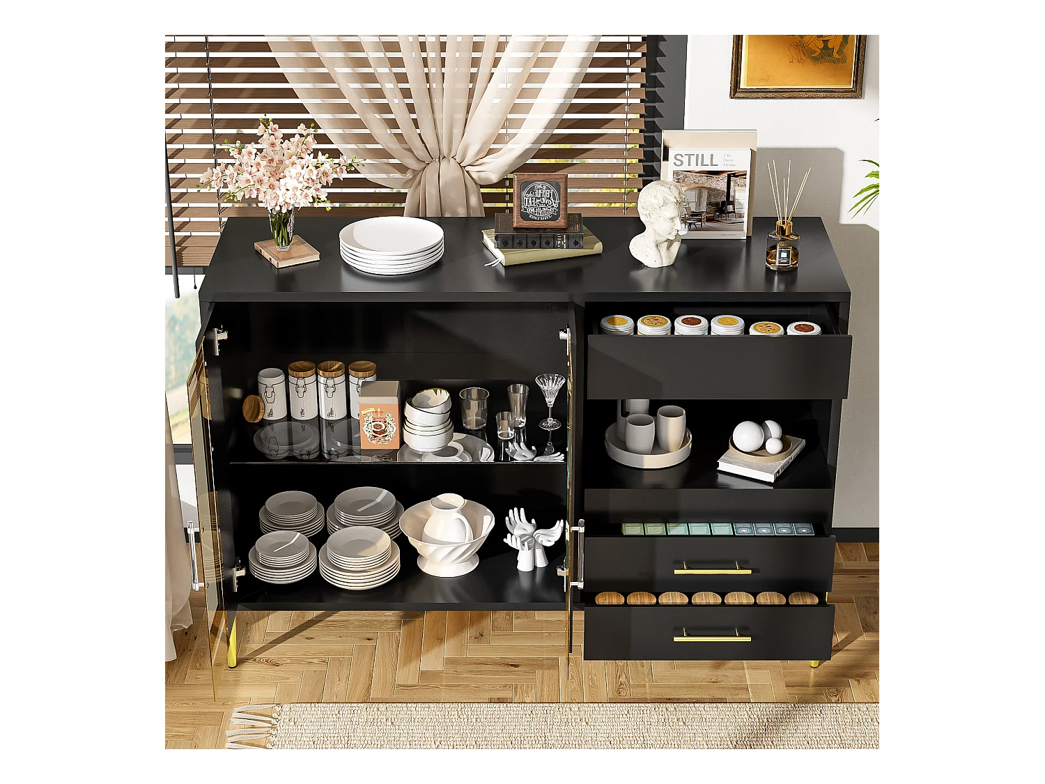 Buffet léger et luxueux noir avec porte en verre bleu canard, poignées cristal et pieds dorés – Style moderne pour salon et salle à manger