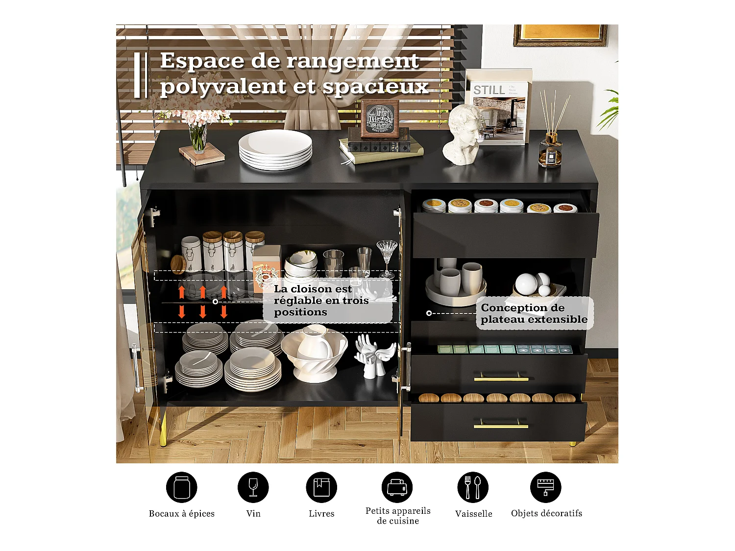 Buffet léger et luxueux noir avec porte en verre bleu canard, poignées cristal et pieds dorés – Style moderne pour salon et salle à manger